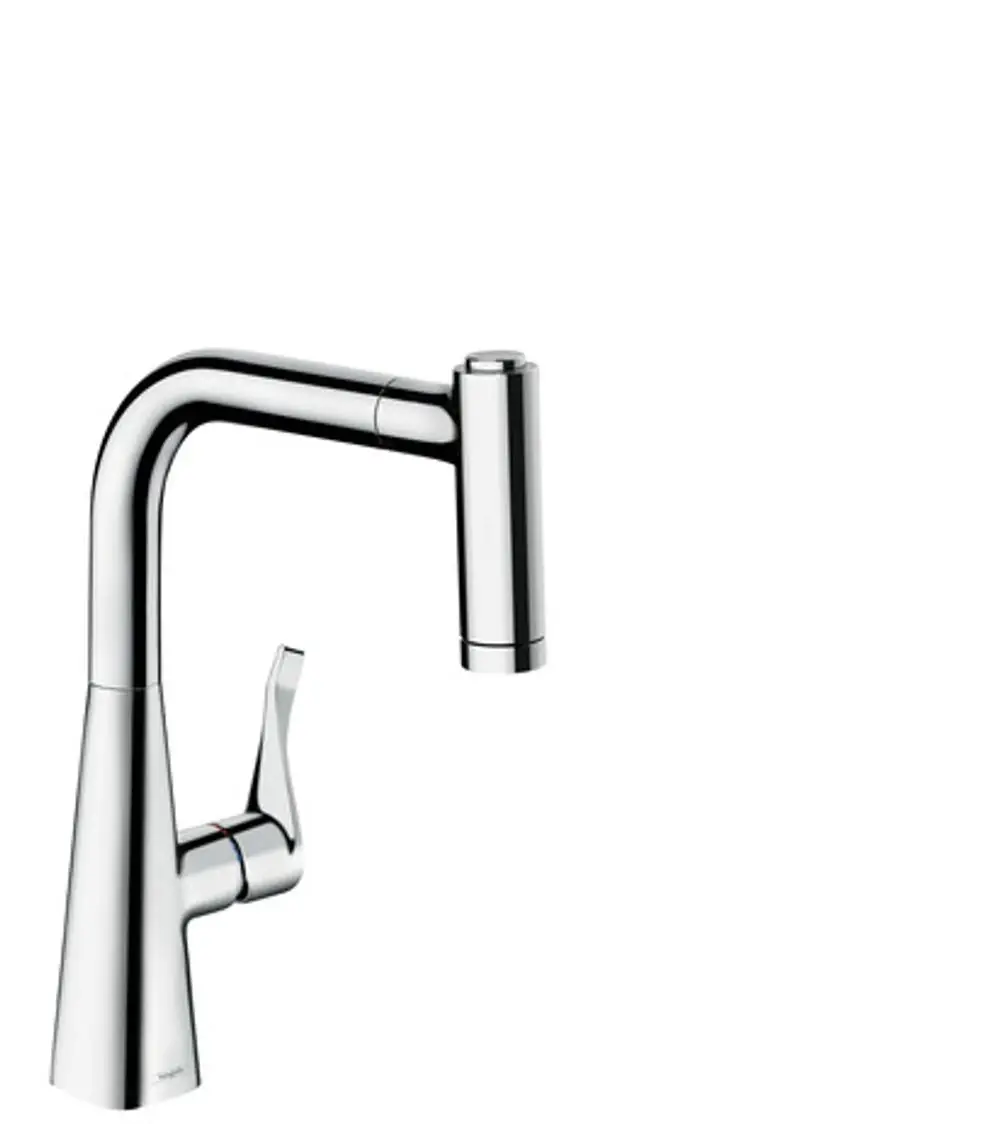 Küchenarmatur von Hansgrohe mit einem modernen Design und einem herausziehbaren Auslauf, der zwei Strahlarten bietet. Oberfläche in glänzendem Chrom.